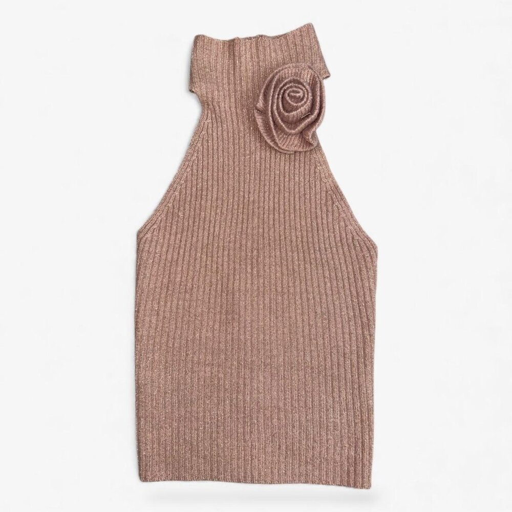 Rose Detail Metallic Knit Halter Top